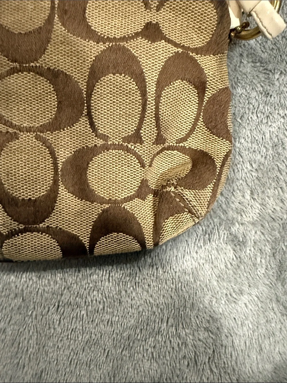 Coach Brown Signature Canvas Wristlet with Cream Trim and Gold Hardware